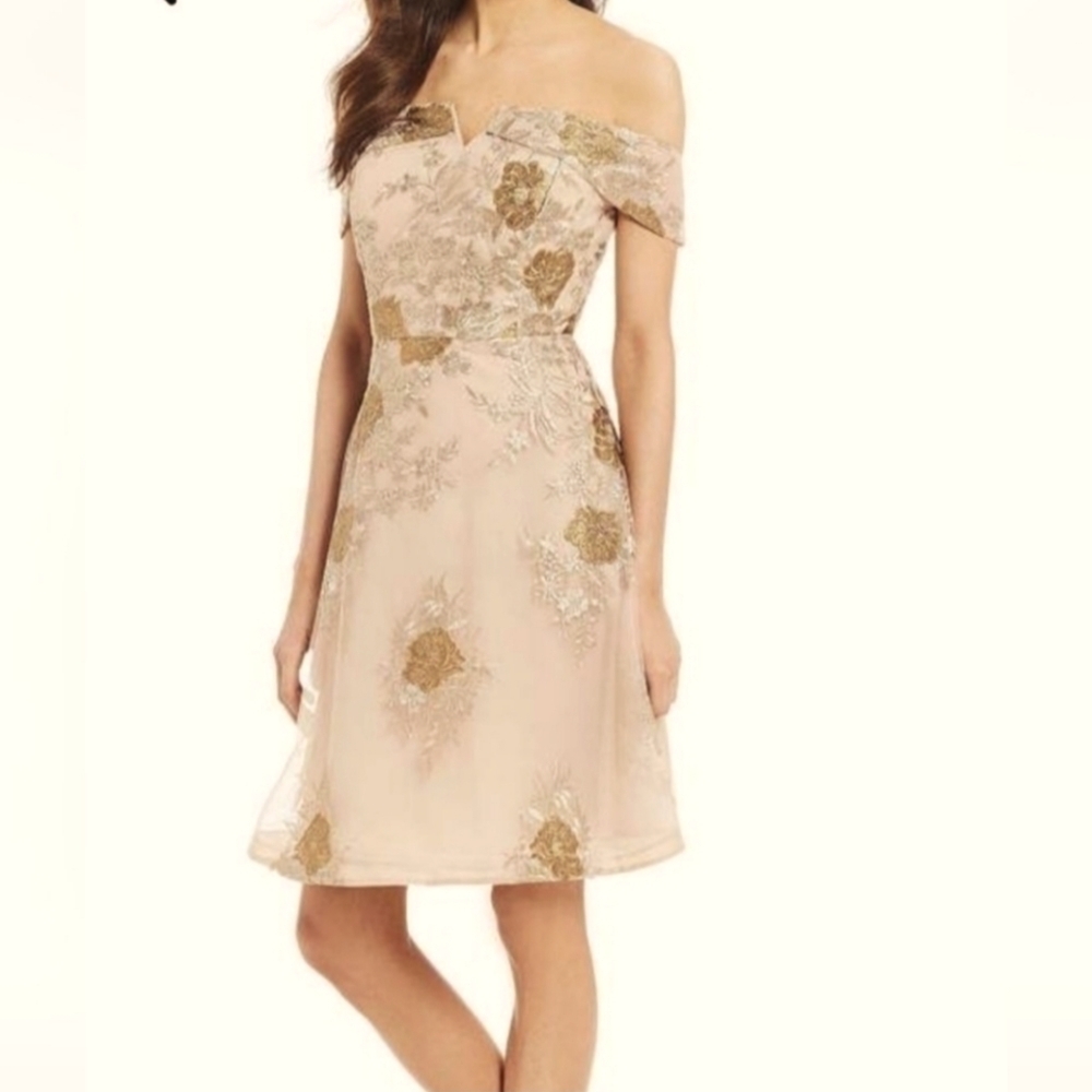 Calvin Klein Cream and Gold Off-Shoulder A-Line Dress